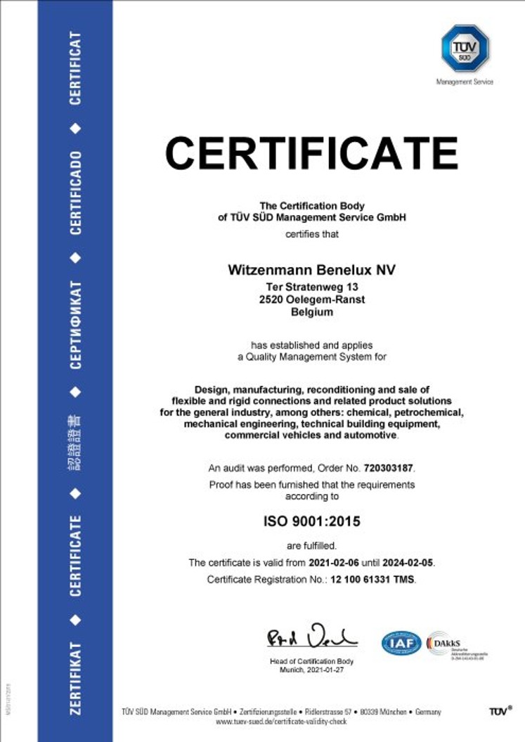 ISO 9001:2015 Certificate Witzenmann Benelux